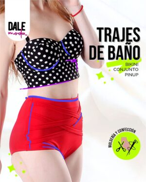 Curso Online Trajes de Baño - Conjunto Pin Up. Mujer sonriente luciendo un conjunto de baño estilo pin up con lunares y volados, posando en la playa.