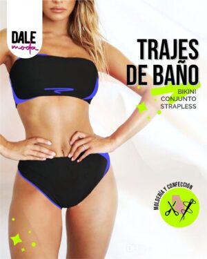 Curso Online Trajes de Baño - Conjunto Top Strapless + Bikini tiro alto. Mujer luciendo un conjunto de bikini de diseño propio, con top strapless y tiro alto, confeccionado en un taller de costura.