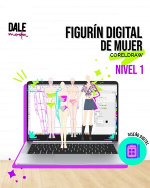 Mujer dibujada en CorelDraw vistiendo un vestido, mostrando detalles de diseño y moldería.