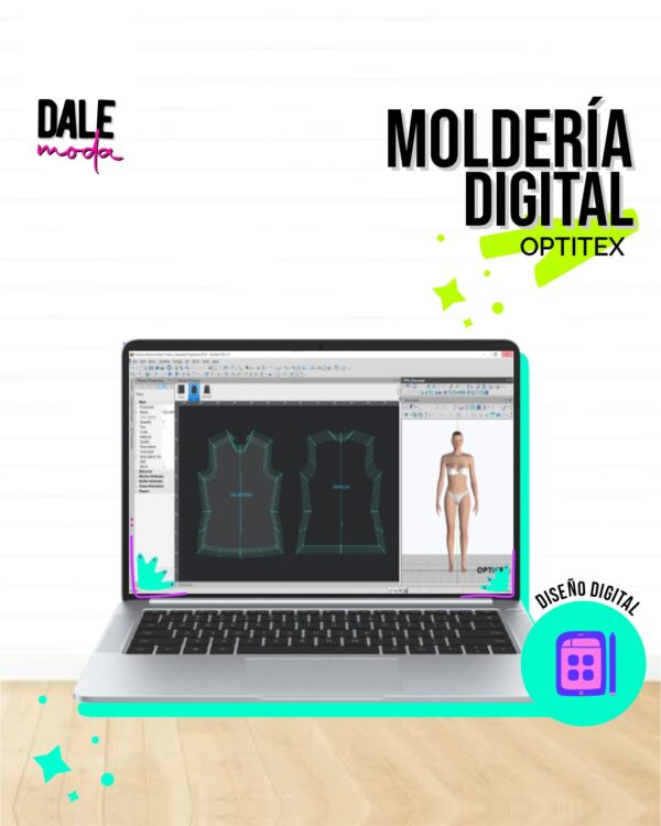 Diseñadora de moda utilizando el software Optitex para crear un patrón de vestido.