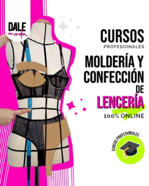 Especialización en Diseño de Lencería. Mujer diseñadora de lencería trabajando en su estudio, con patrones y telas.