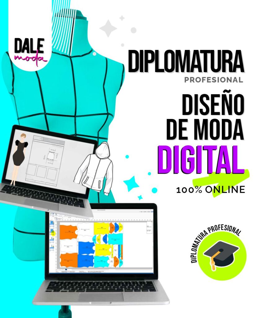 "Diplomatura en Diseño de Moda Digital en DaleModa. Aprende a crear diseños de moda utilizando las últimas herramientas digitales. Domina programas como Illustrator, Photoshop y software de diseño para desarrollar colecciones innovadoras y presentar tus ideas de manera profesional."