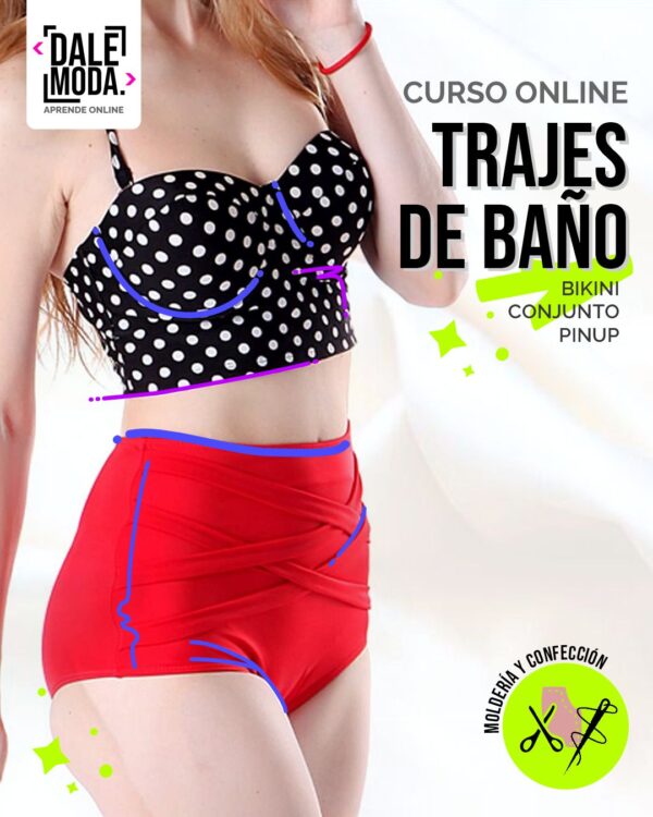 Curso Online Trajes de Baño - Conjunto Pin Up. Mujer sonriente luciendo un conjunto de baño estilo pin up con lunares y volados, posando en la playa.