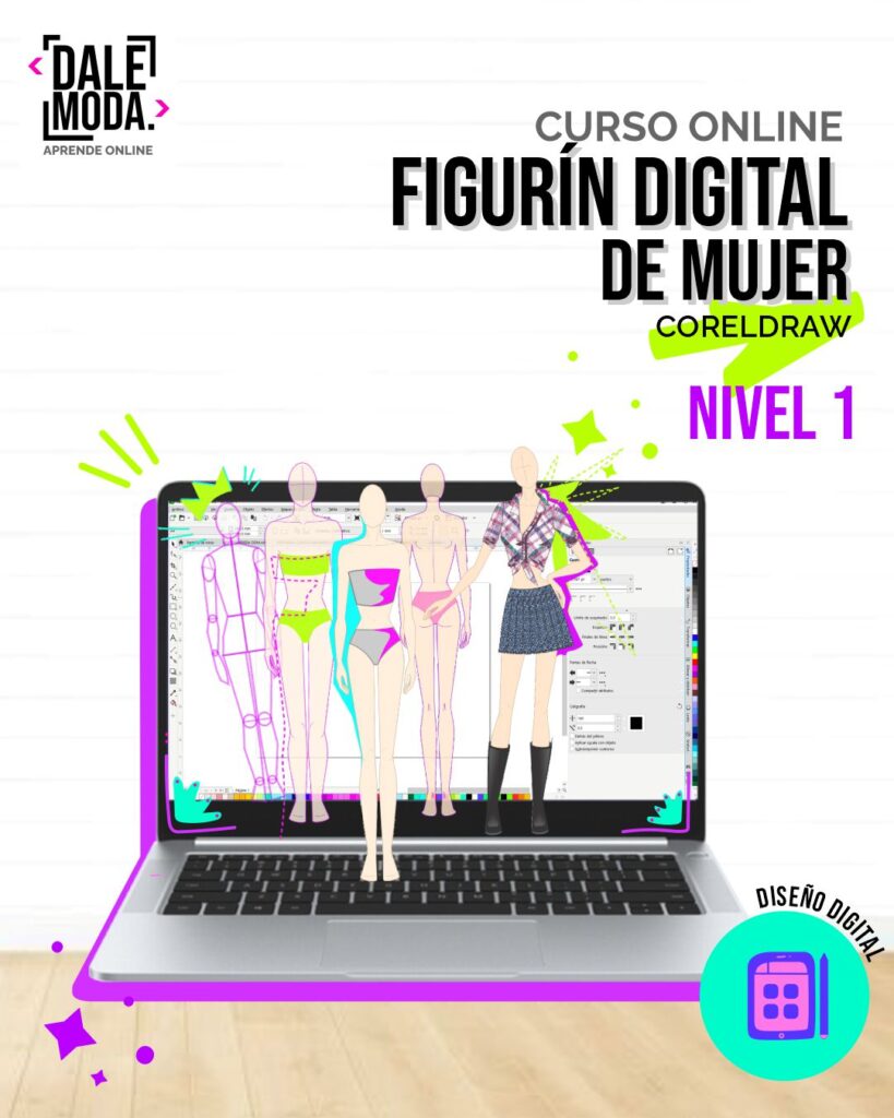 Mujer dibujada en CorelDraw vistiendo un vestido, mostrando detalles de diseño y moldería.