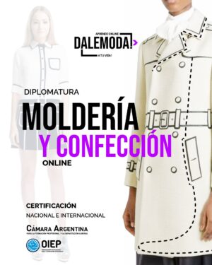 Diplomatura Moldería Corte y Confección. Mujer diseñadora de moda trabajando en su estudio, creando patrones de alta costura.