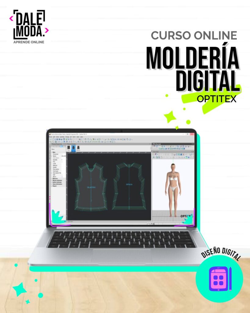 Diseñadora de moda utilizando el software Optitex para crear un patrón de vestido.