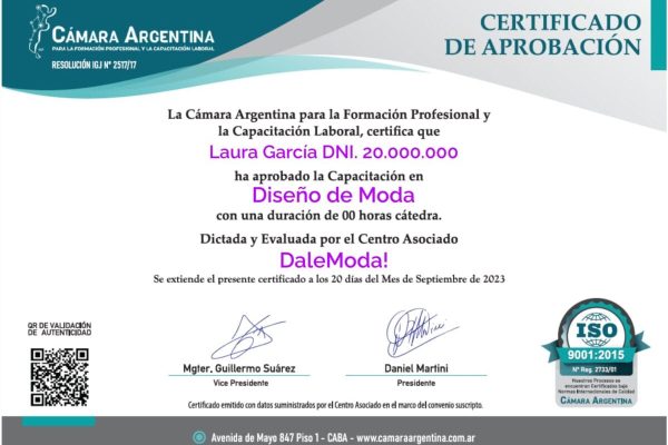 Certificacion Aprobación Camara Argentina Diplomatura, Carrera Diseño de Moda. Certificación. Diploma. Título. Escuela de Diseño de Moda Online. Cursos de Moda de Patronaje, Moldería Corte y Confección, Diseño de Moda Digital en DaleModa. Aprende a crear tus propios patrones desde cero.