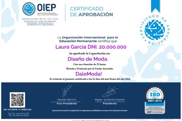 Certificacion Aprobación OIEP Diplomatura, Carrera Diseño de Moda. Certificación. Diploma. Título. Escuela de Diseño de Moda Online. Cursos de Moda de Patronaje, Moldería Corte y Confección, Diseño de Moda Digital en DaleModa. Aprende a crear tus propios patrones desde cero.